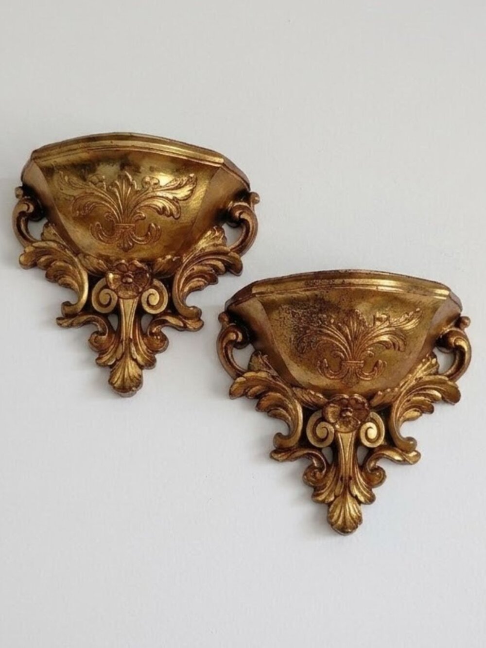 Vintage Homco Wall Pocket Planters Hollywood Regency Shiny Gold Fleur de Lis Set